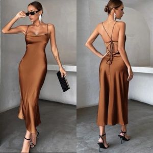 Criss cross backless satin cami midi dress straight neck camel rust brown